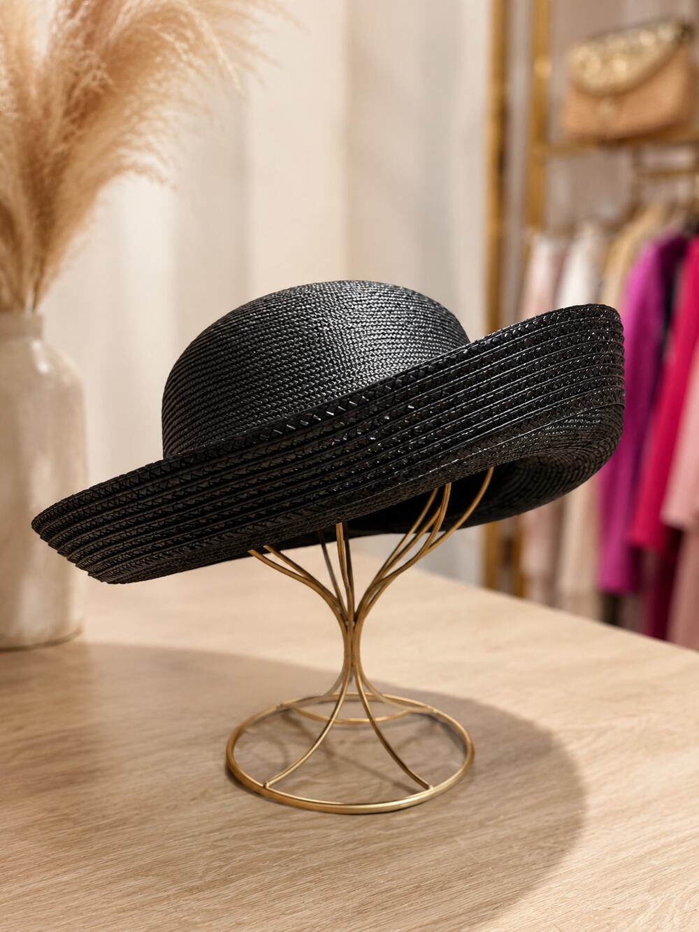 Oscar de la Renta Black Wide Brim Straw Hat Designer Statement Hat
